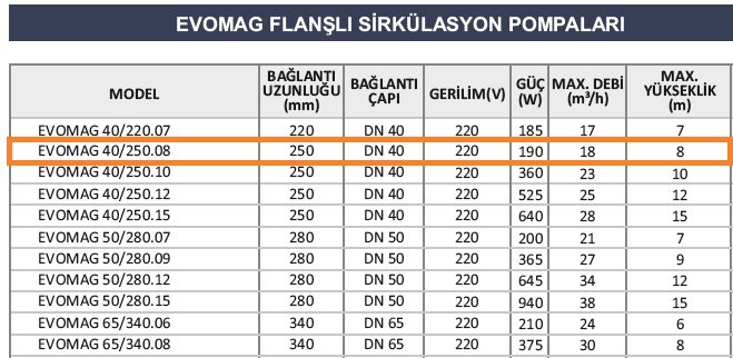 evomag 40/250.08 flanşlı sirkülasyon pompası